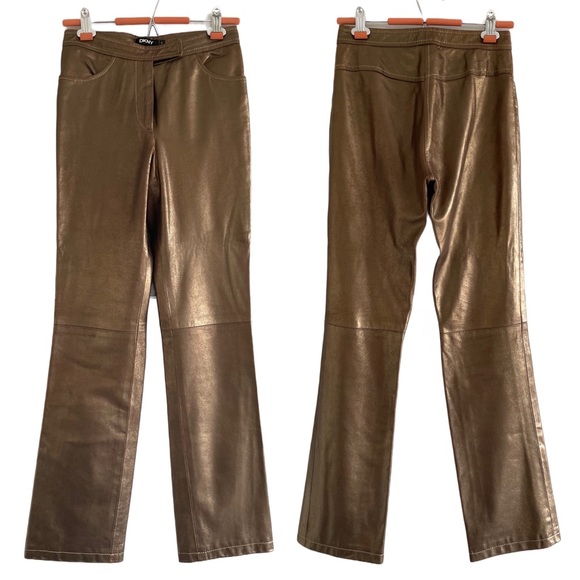 DKNY Genuine Leather Metallic Gold/Brass Pants - Picture 1 of 3